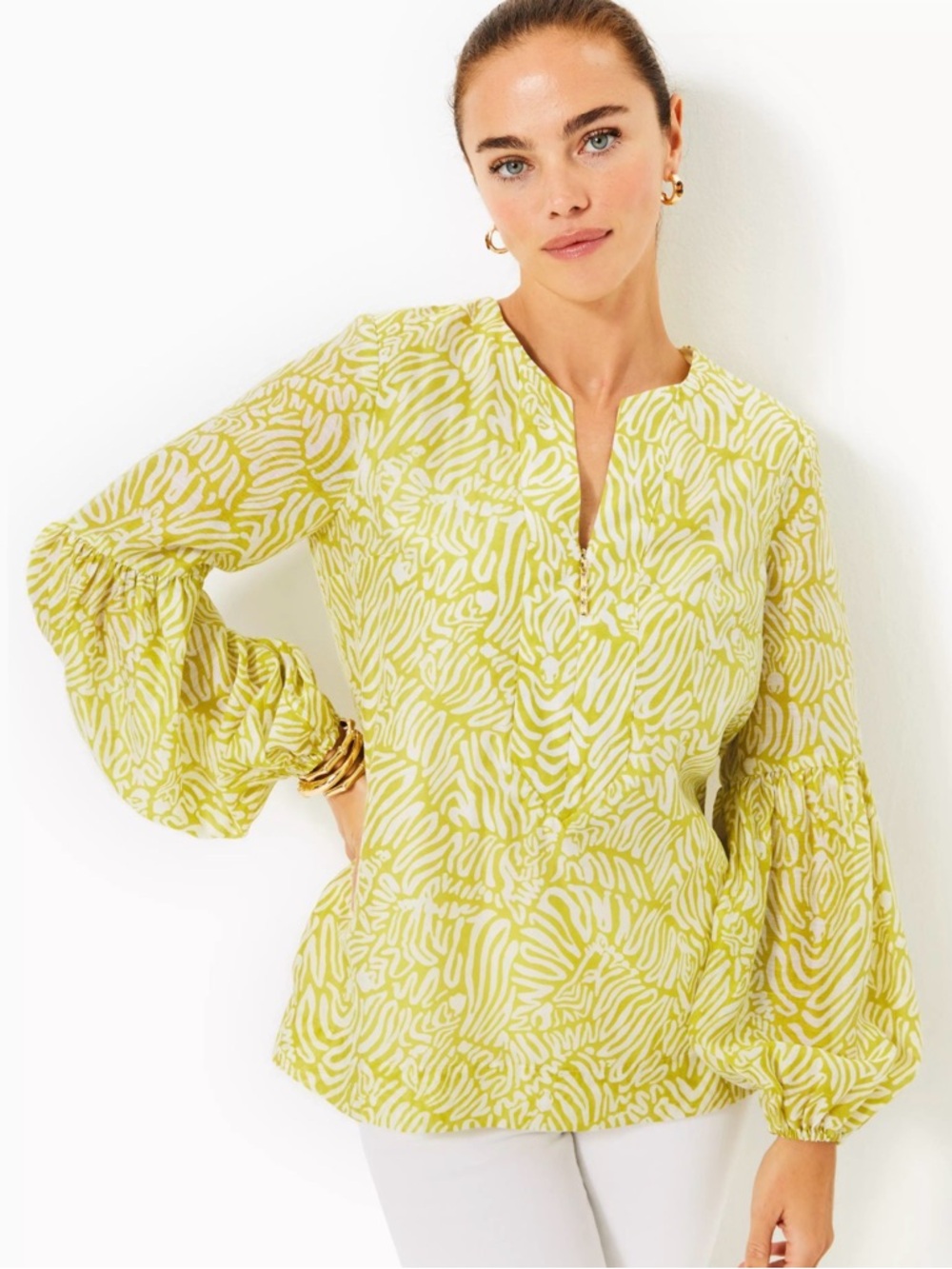 Lilly Pulitzer laurelie jardin green Yellow-White Printed Balloon Sleeve Tunic